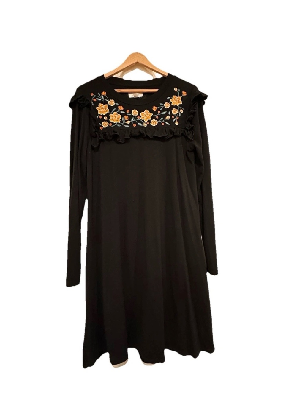 Cupio Black Long-Sleeve Dress with Yellow Floral Embroidery